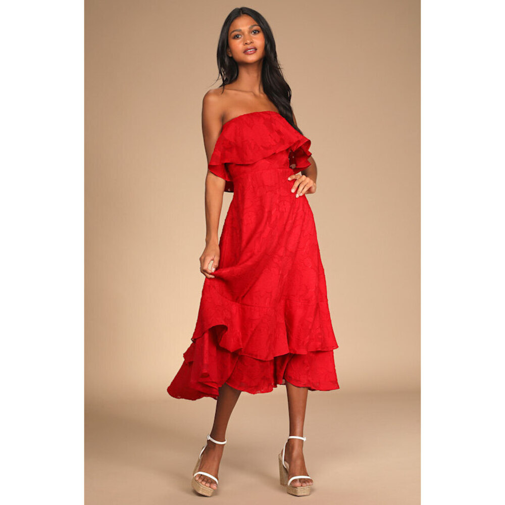 Lulus Love You So Truly Red Burnout Floral Strapless Midi Dress - Size M